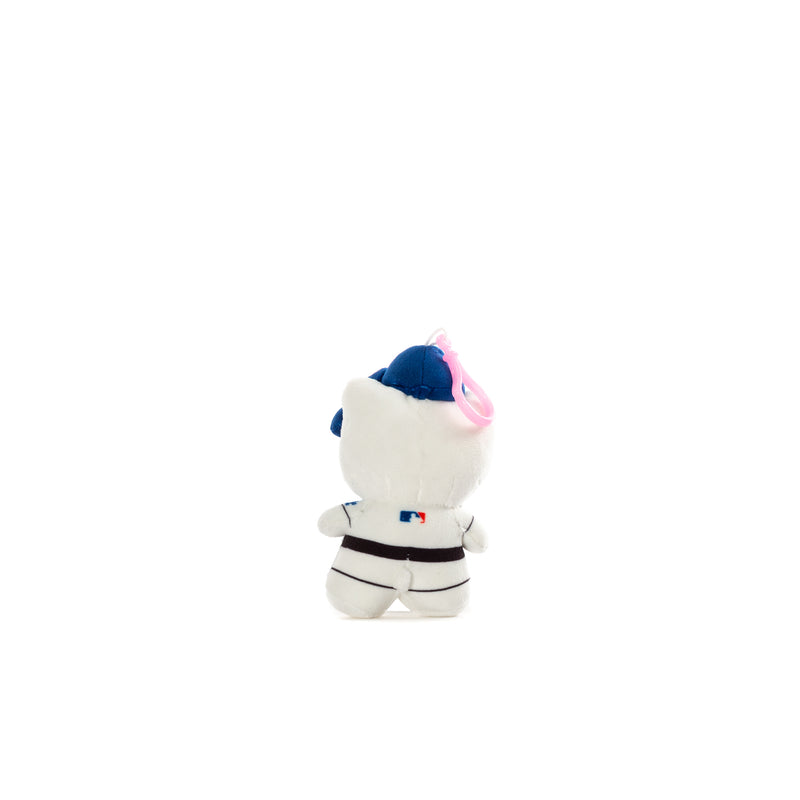Plush backpack clip, Hello Kitty plush in white with blue LA cap and pink bow