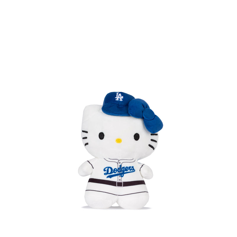 Hello Kitty plush backpack clip in white with blue LA cap and Dodgers jersey