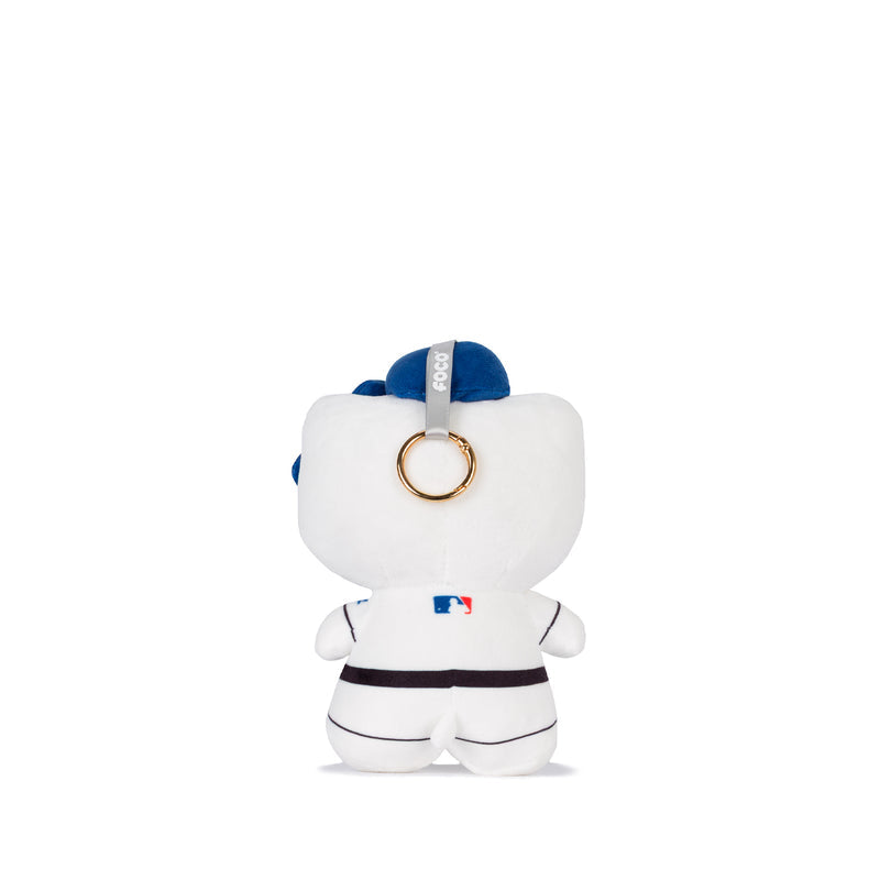 Hello Kitty plush backpack clip with blue-and-white outfit and gold keyring clip