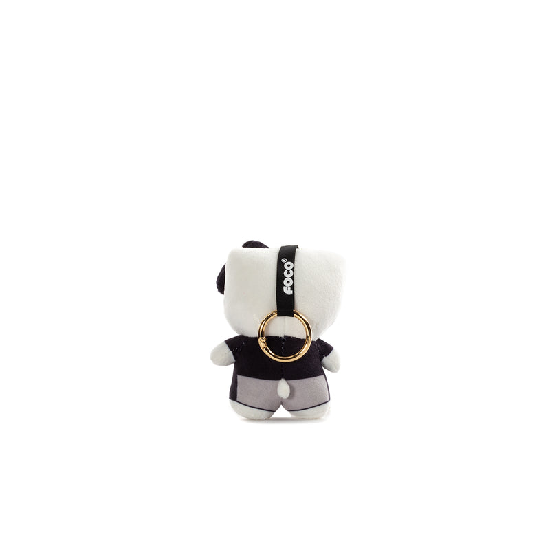 White plush backpack clip side view with gold ring and FOCO tag on jersey