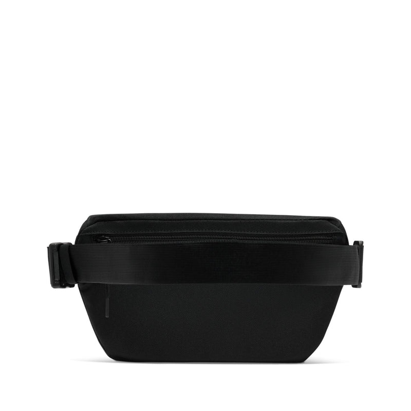 Black waist pack with centered zipper and short side strap details, front view.