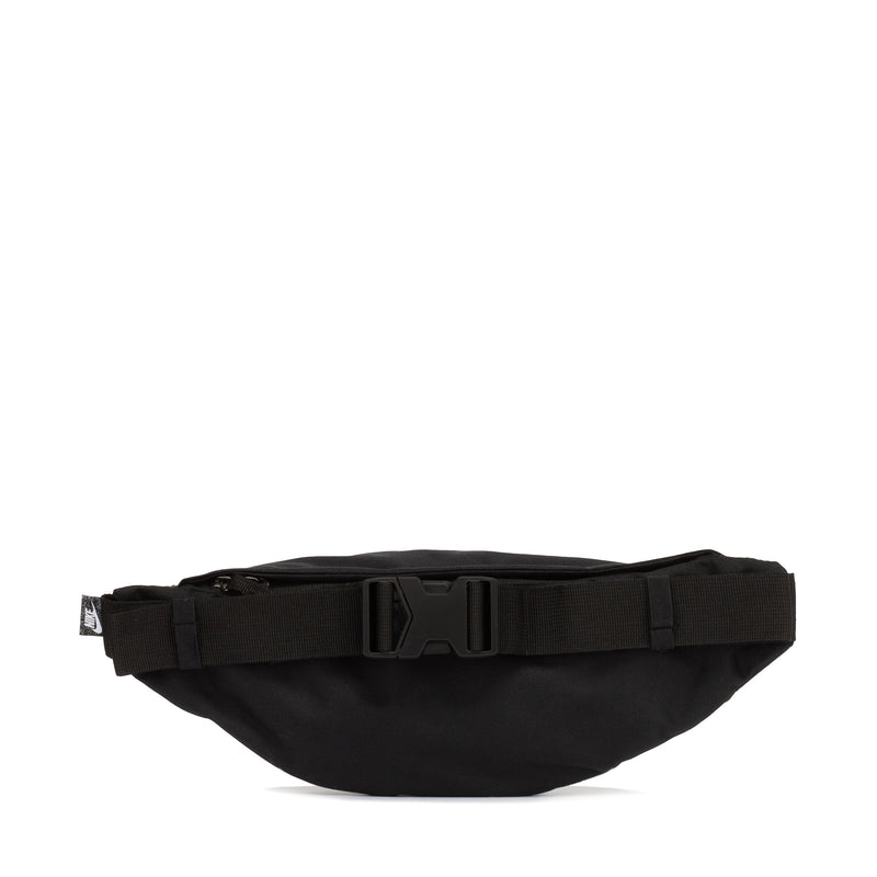 Black waist pack with Nike logo, front buckle strap and zippered pocket