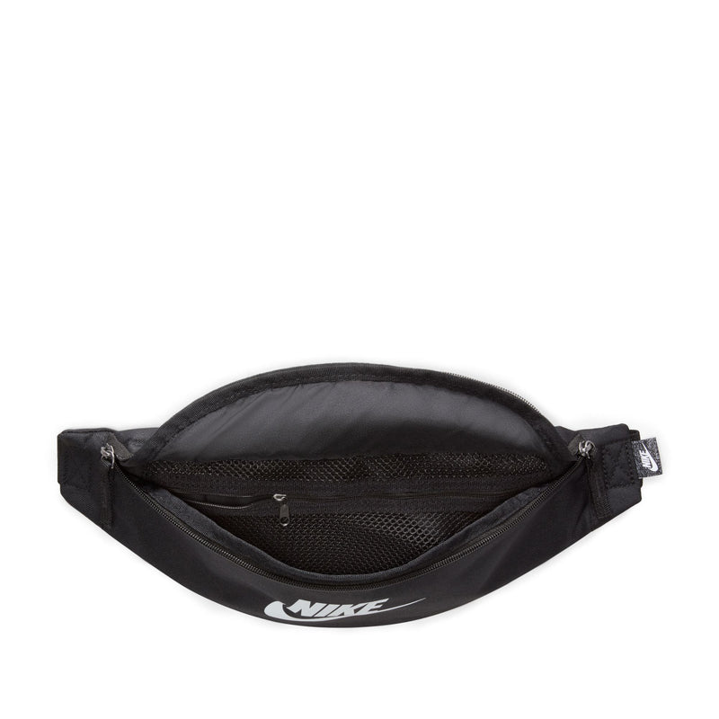 Black waist pack with Nike logo and mesh pocket, top zipper and side straps