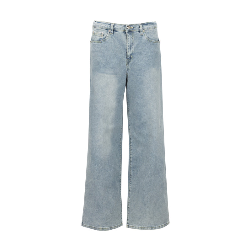 High-rise light-wash denim pants with button-front and wide-leg hem