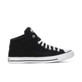 Men's black mid-top canvas sneakers with white laces and rubber toe cap