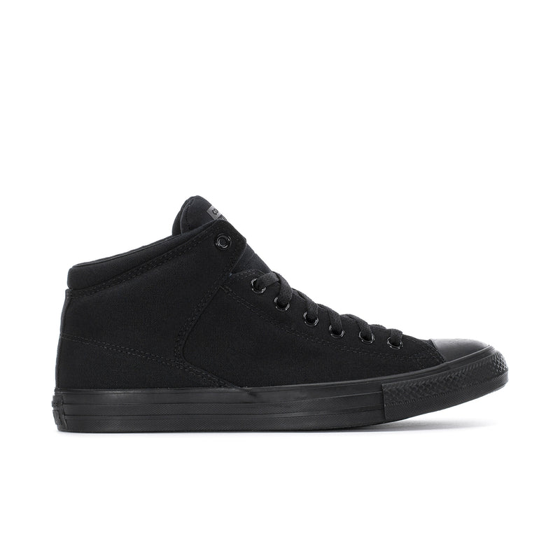 Men's black high-top sneaker, lace-up with rubber toe cap and low-profile sole