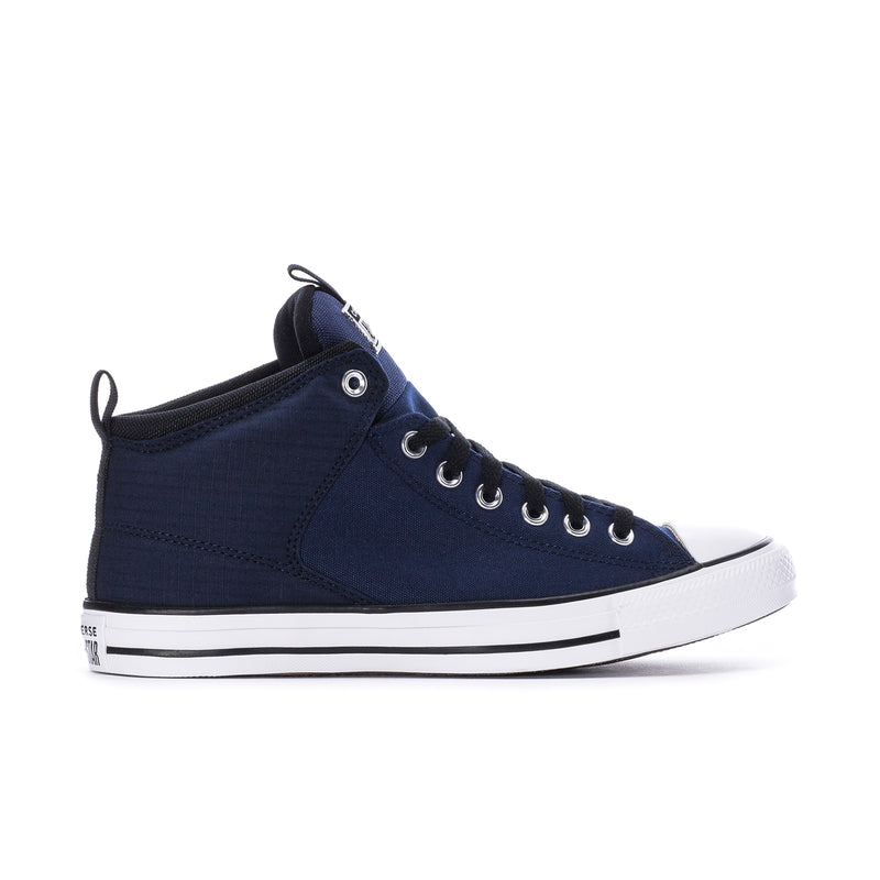 Mens navy high-top sneakers with black laces, white rubber sole, and metal eyelets