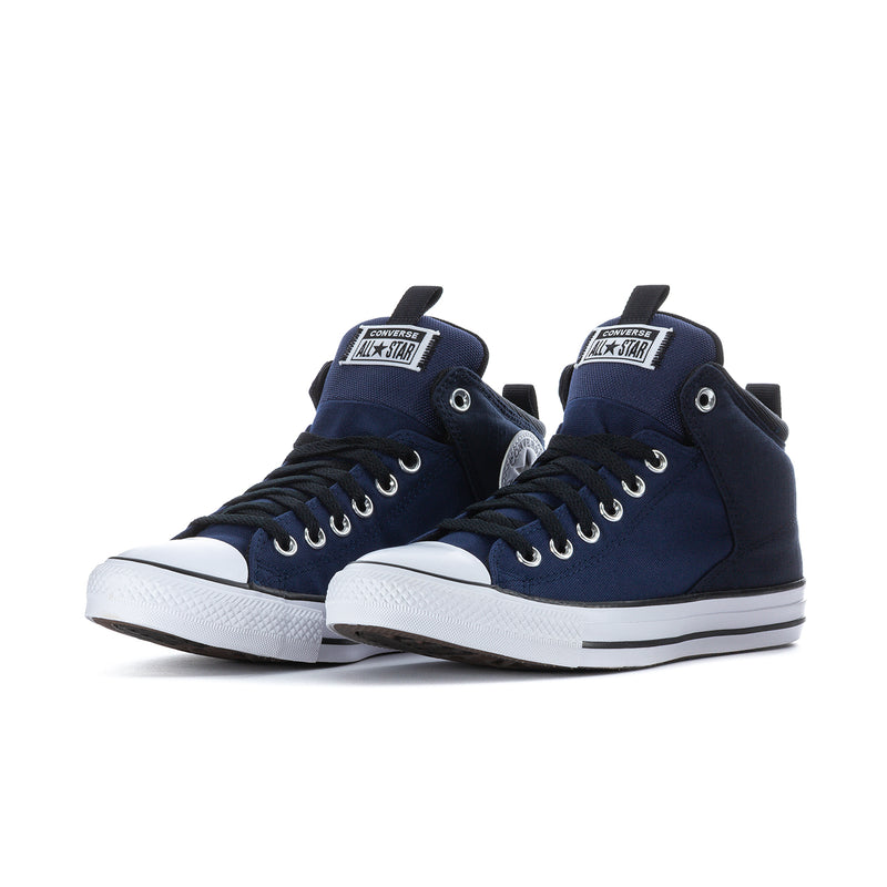 Pair of navy high-top sneakers with black laces and white cupsole; lace-up design