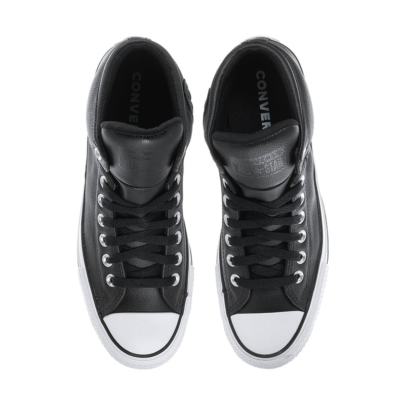 Men's black high-top sneakers, view of tongue with Converse logo, white toe bumper