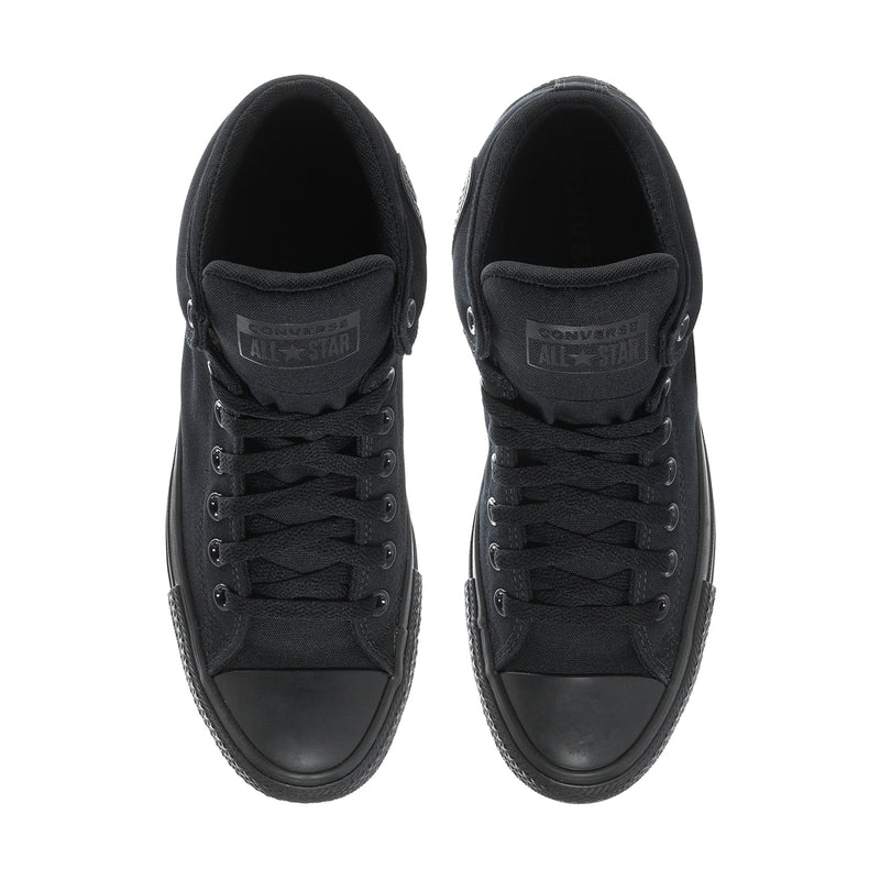 Men's black high-top sneakers, front view with laces and interior tongue label