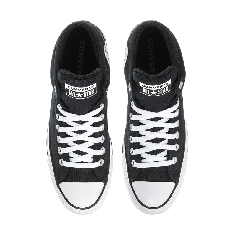 Men's black mid-top sneakers with white lace-up pattern and Converse All Star tongues