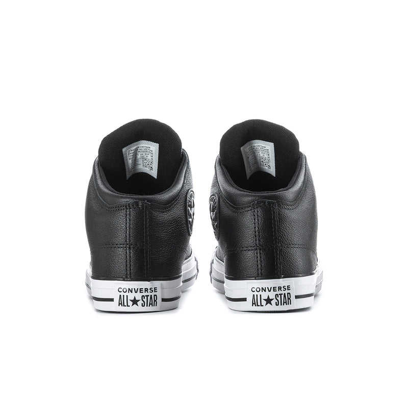 Men's black high-top sneakers, rear view with Converse All Star heel patch and white sole