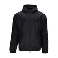 Men's black hooded draft jacket with full-zip front and stand collar