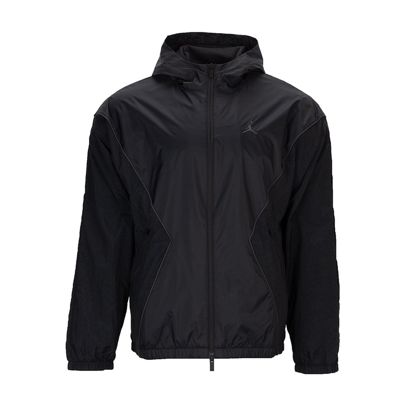 Men's black hooded draft jacket with full-zip front and stand collar
