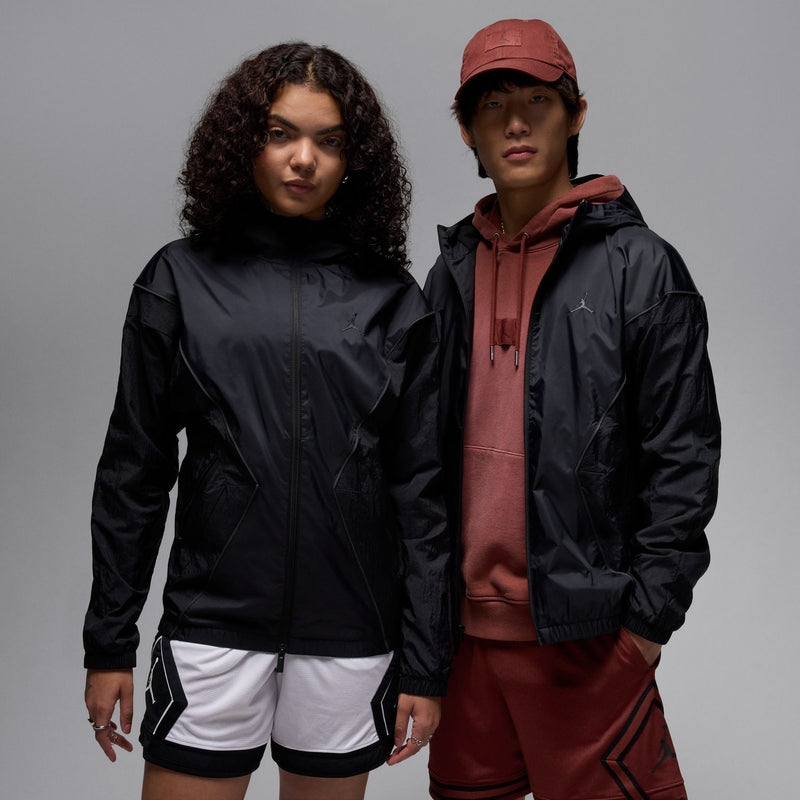 Black hooded draft jacket with full zip and chest emblem logo