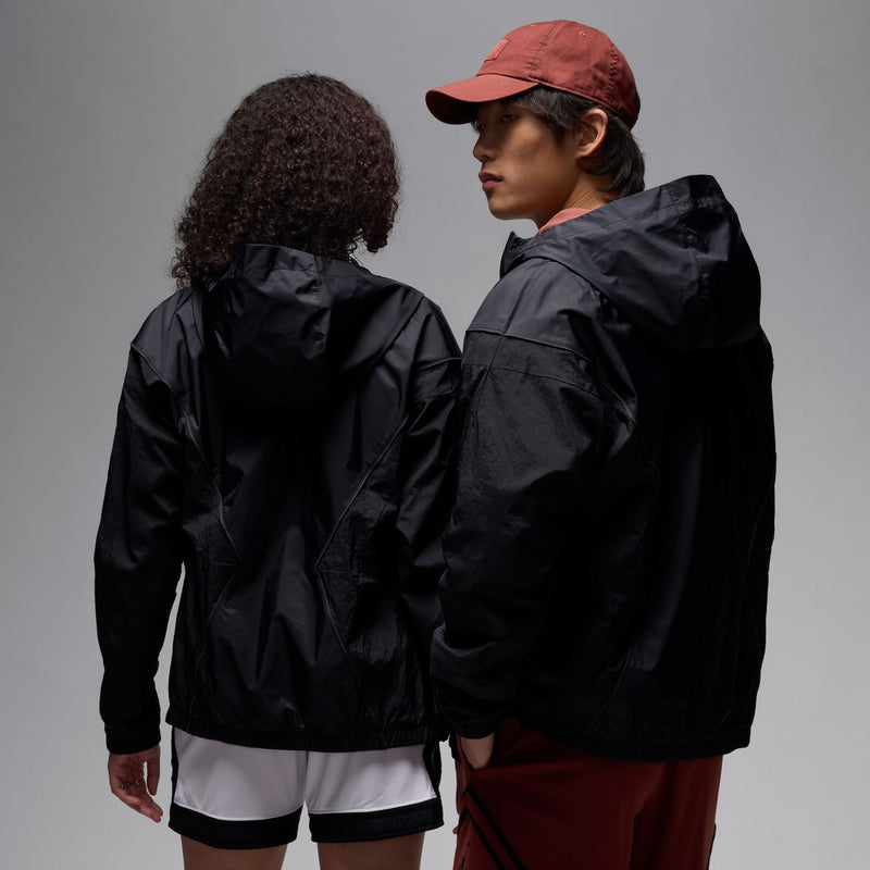Black hooded draft jacket with attached hood and full-zip front