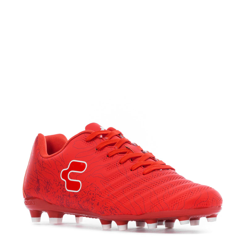 Men's red lace-up soccer cleats with side profile, textured upper, white logo, rubber studs