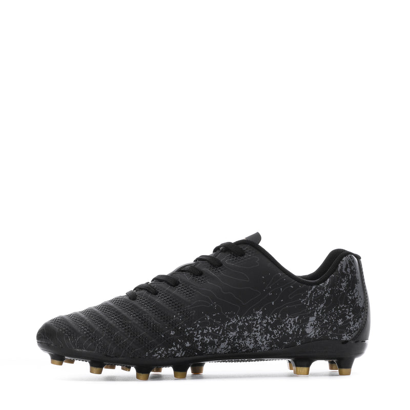 Men's black soccer cleat with gold logo, textured upper, molded stud sole