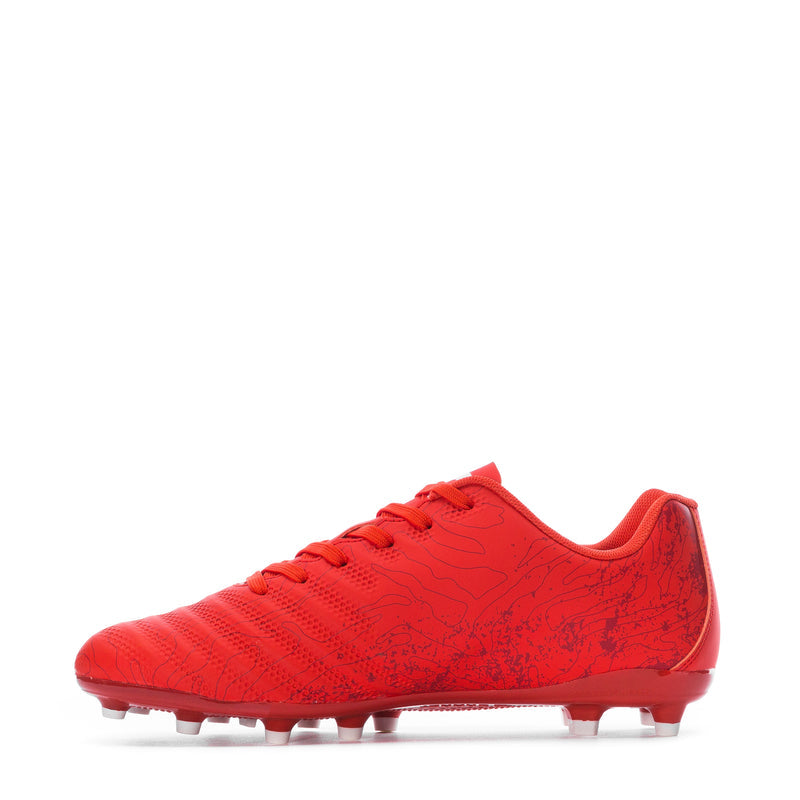 Men's red lace-up soccer cleats, side view, textured upper, rubber stud sole