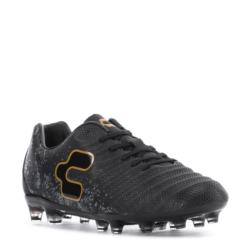 Men's black soccer cleats with gold-trimmed logo, lace-up mesh upper, studded sole