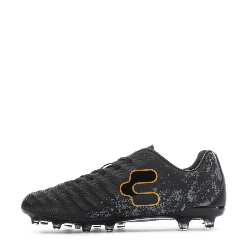 Men's black soccer cleats with gold logo, textured finish, studded forefoot sole