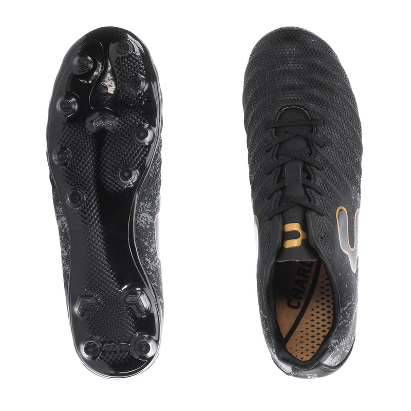 Men's black soccer cleats showing studded sole and side gold logo accent