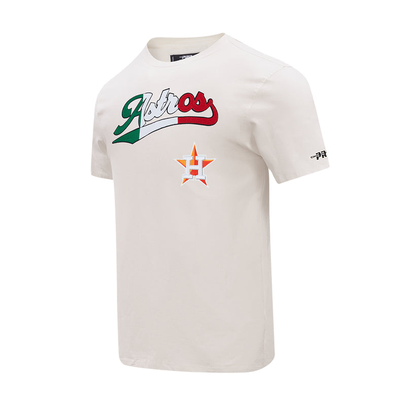 Men's Houston Astros eggshell tee with front script logo and right-sleeve team mark