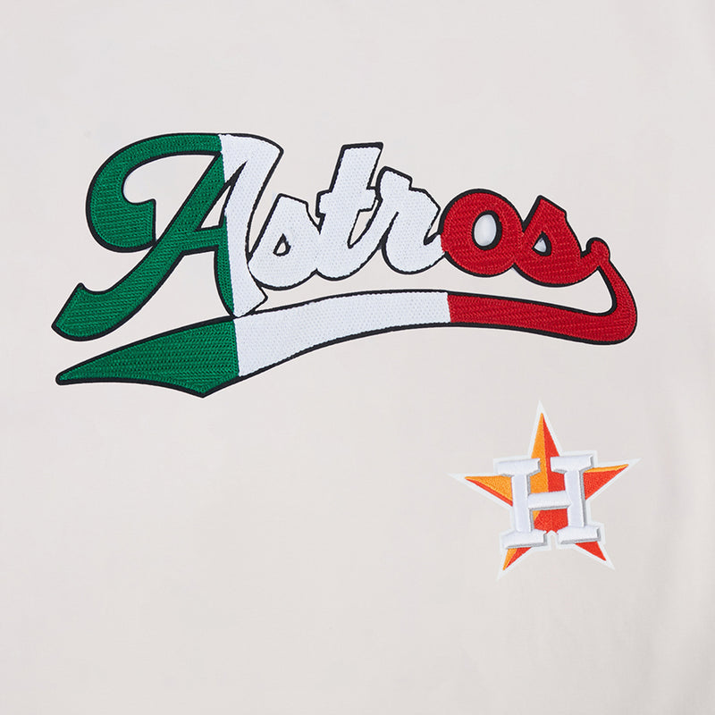 Houston Astros eggshell tee close-up: multicolor script logo and star emblem