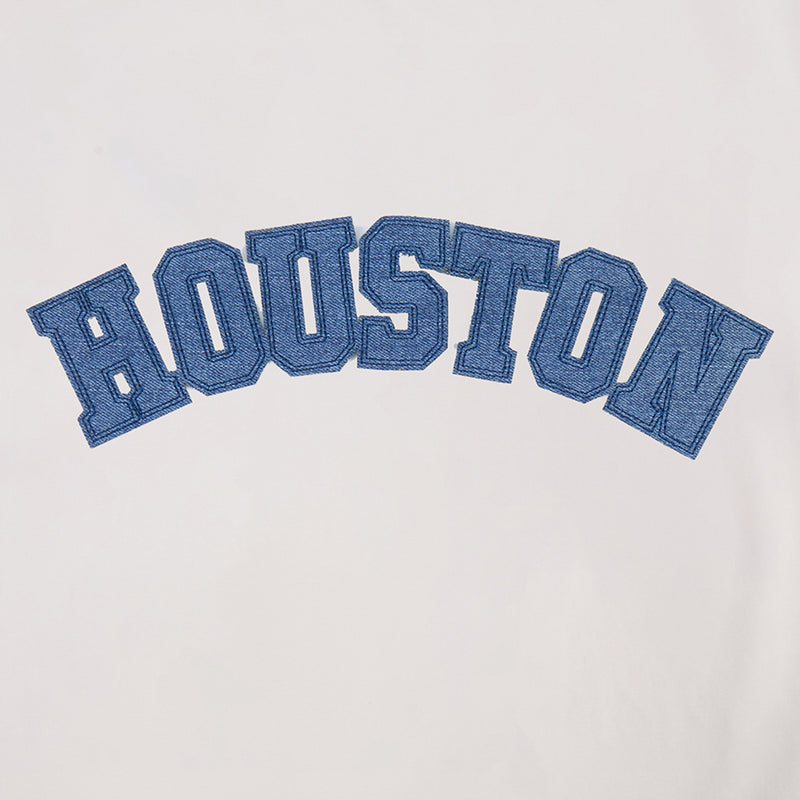 Houston Astros eggshell tee close-up: blue HOUSTON wordmark graphic