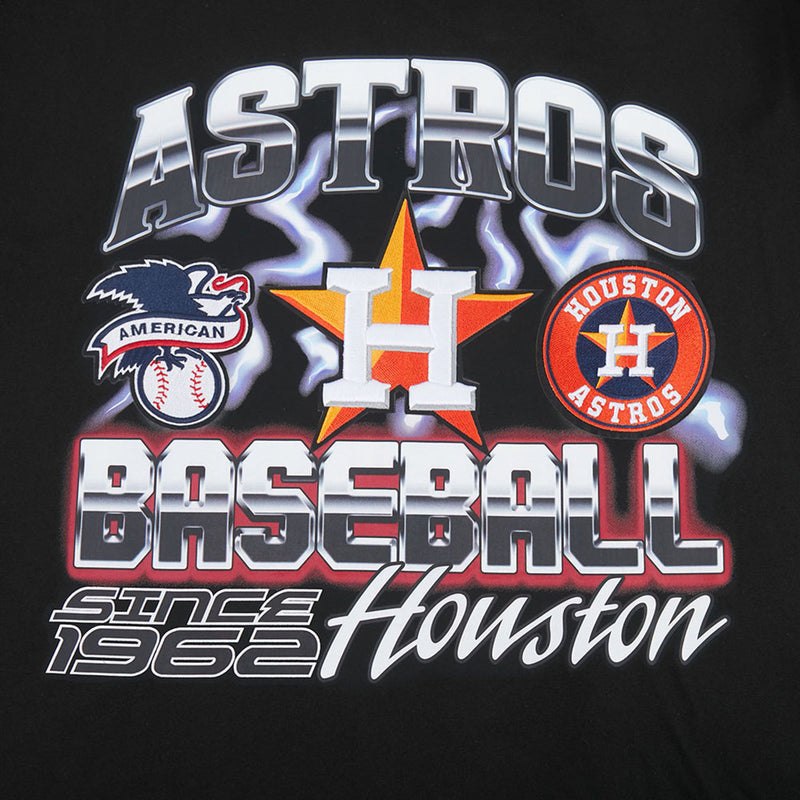 Close-up of men's Houston Astros black T-shirt with Baseball and H logo