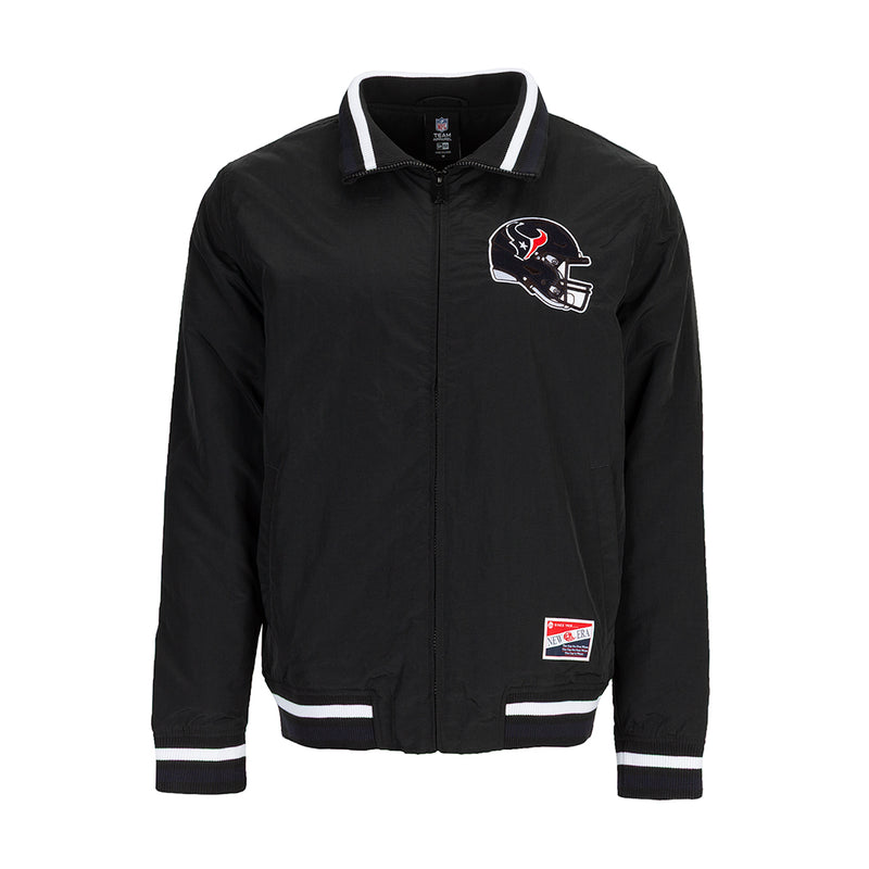 Men's black nylon track jacket with Houston Texans logo, ribbed collar and cuffs