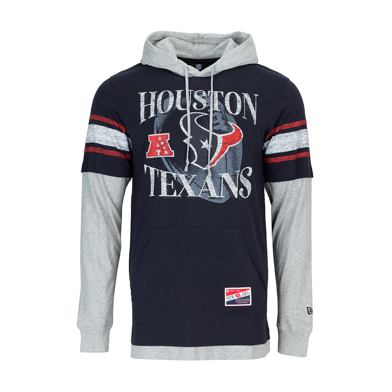 Navy hooded long-sleeve sweatshirt with 'HOUSTON TEXANS' front text and logo patch