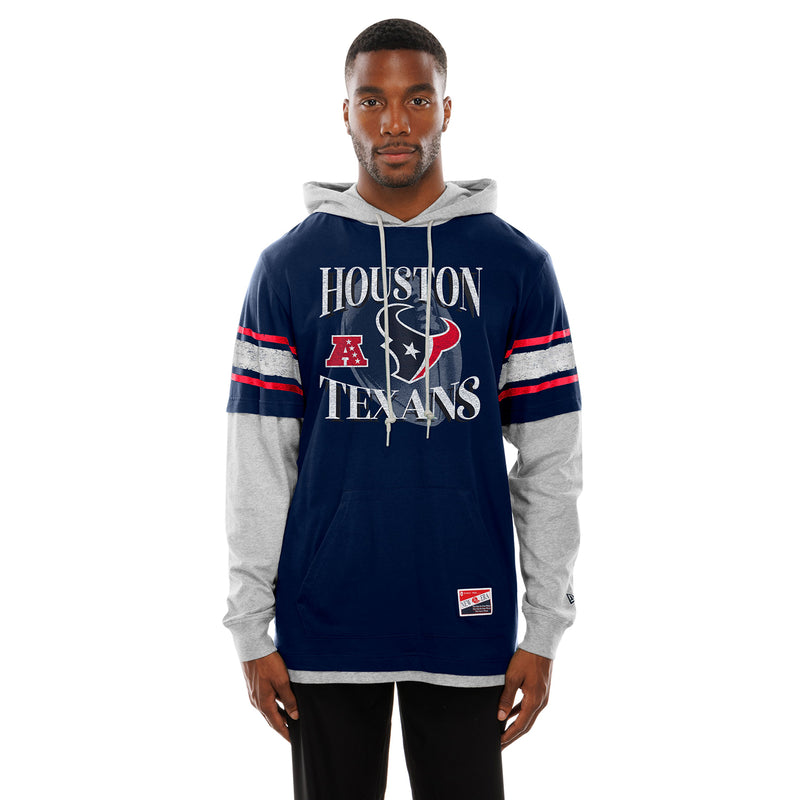 Navy pullover hoodie with 'HOUSTON TEXANS' chest print, gray sleeves, and striped cuffs