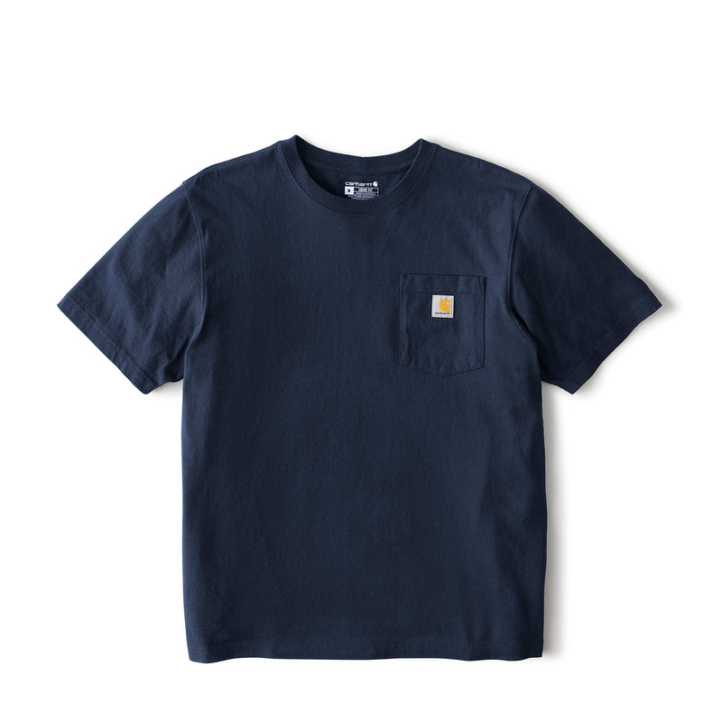Men's navy loose-fit pocket T-shirt with front chest pocket and Carhartt label