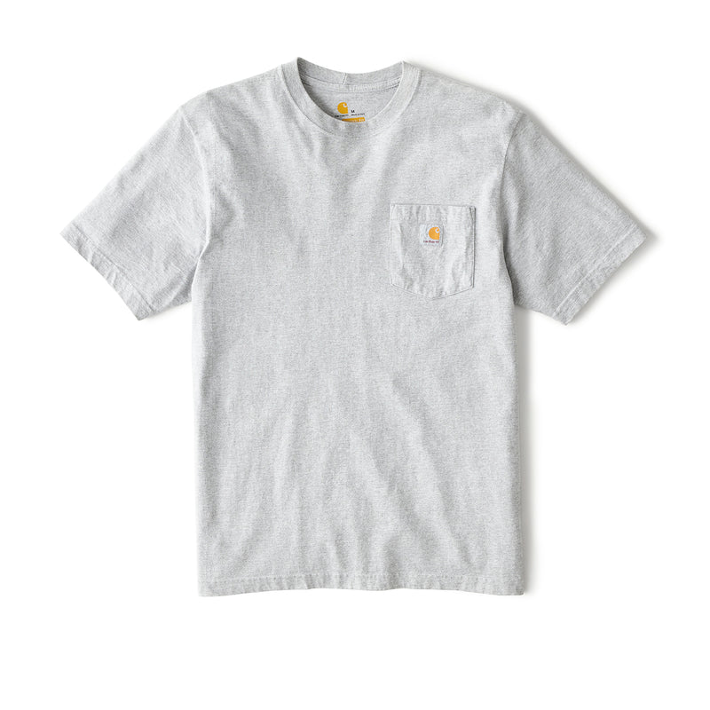 Heather grey loose-fit pocket tee with crew neck, short sleeves, and chest logo pocket.