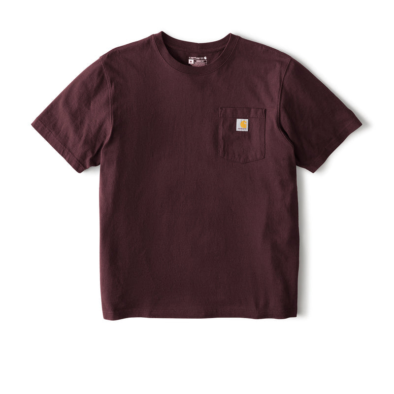 Men's loose-fit pocket tee in dark port maroon with chest pocket and logo label.