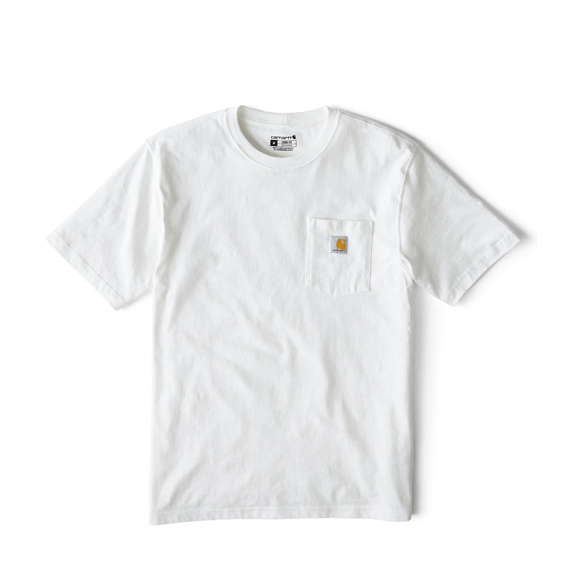 White loose-fit men’s pocket tee with small logo patch on the chest pocket