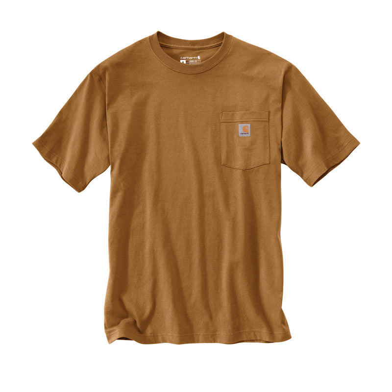 Men's loose-fit pocket tee in Carhartt Brown with chest pocket and crew neck