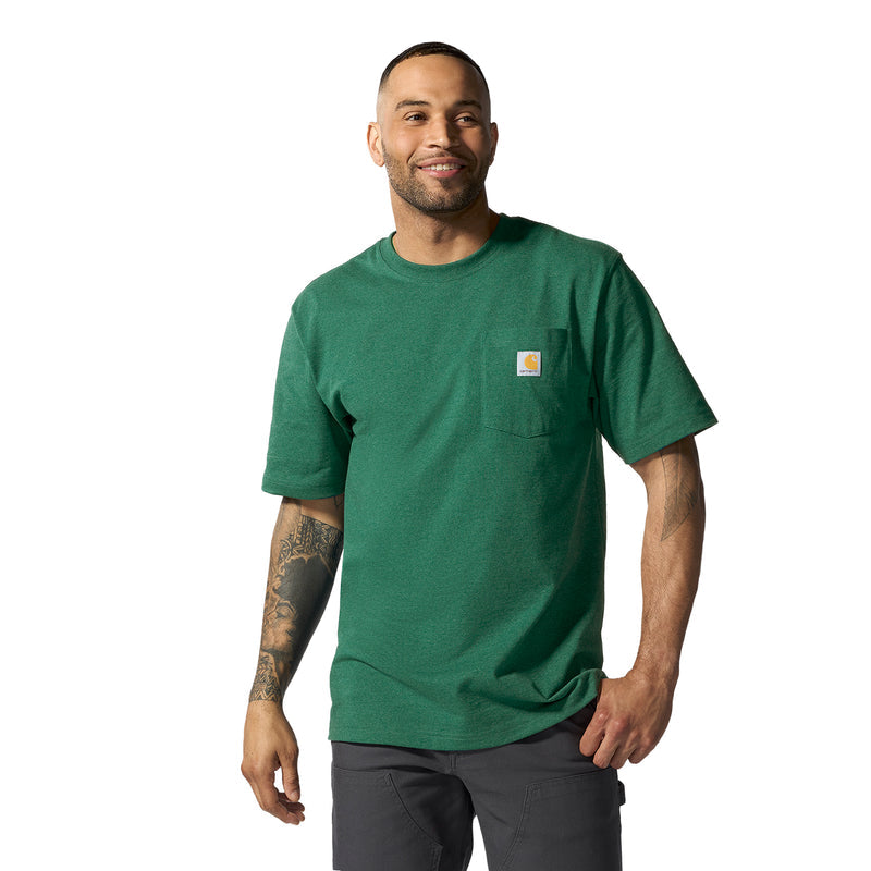 Green pocket T-shirt on male model, crew neck with small chest logo patch