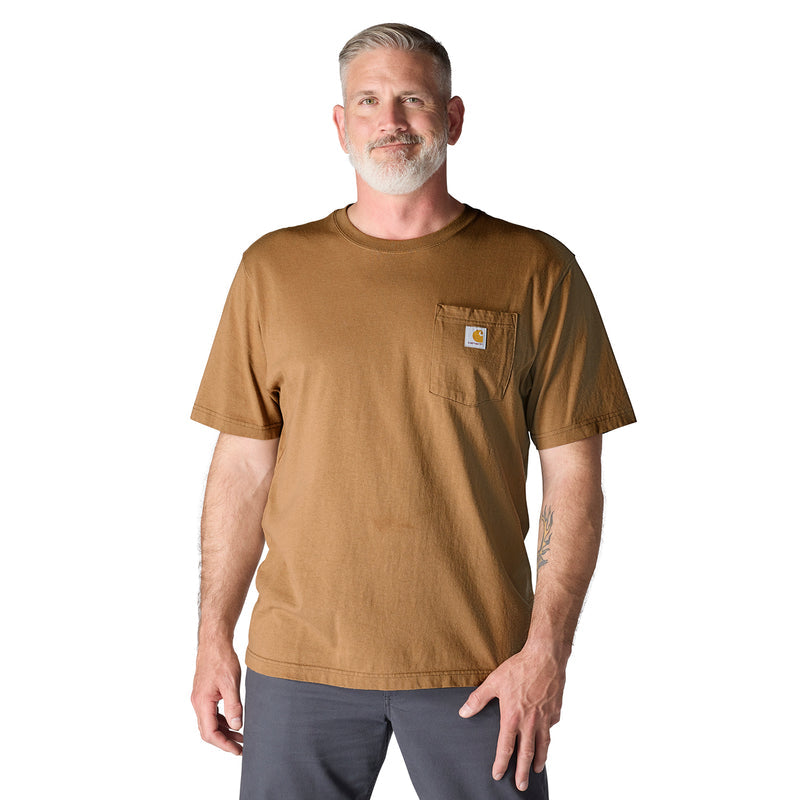 Men's Carhartt Brown loose-fit pocket tee on model, short sleeves and crew neck
