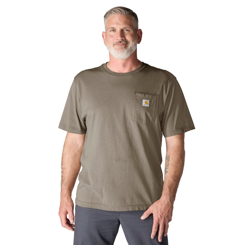 Men's loose-fit pocket tee with chest logo patch, olive-brown, crew neck