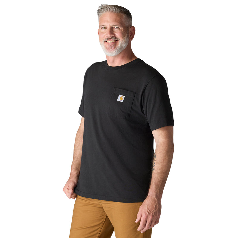 Black men’s pocket tee worn: short sleeves, crew neck, front chest pocket