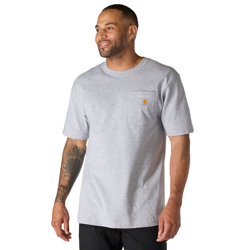 Heather grey crew-neck pocket tee on model, short sleeves, relaxed fit, chest logo.