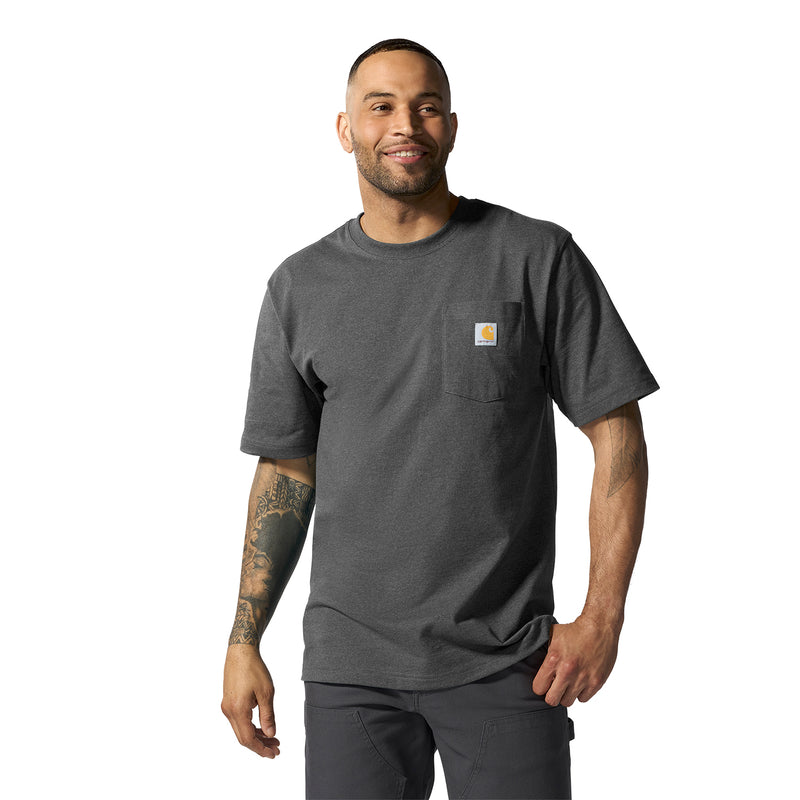 Carbon heather pocket T-shirt on model, crew neck, short sleeves, chest pocket.