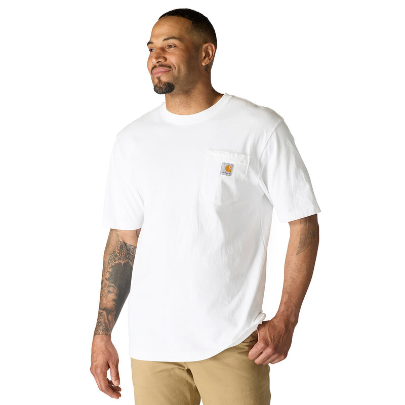 White men’s loose-fit pocket tee with chest logo patch, short sleeves, crew neck