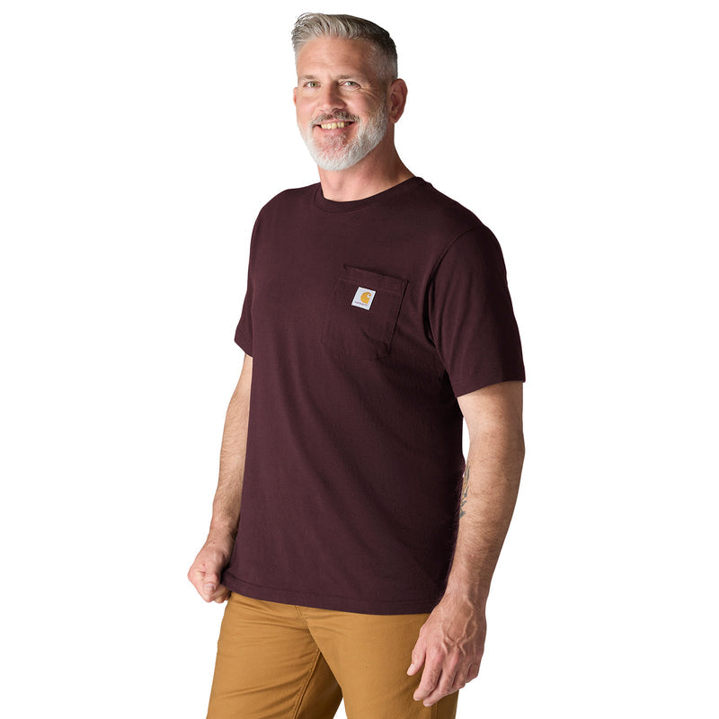 Men's loose-fit pocket tee in dark port maroon, worn front view with chest pocket.