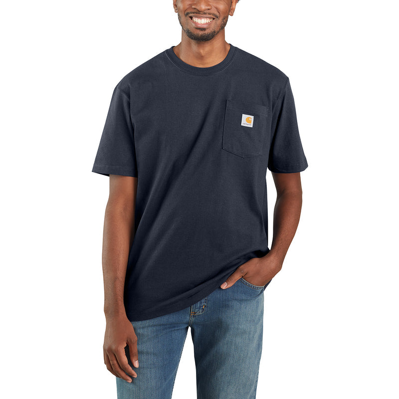 Men's navy loose-fit pocket T-shirt with chest pocket and Carhartt tag, worn by model