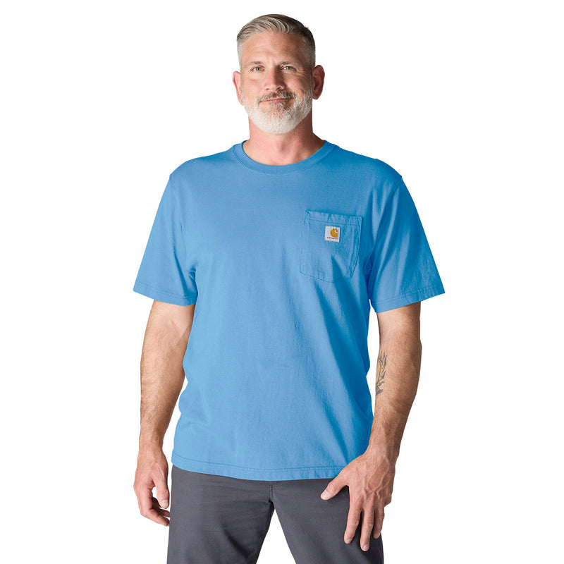 Horizon blue loose-fit pocket T-shirt on a model, crew neck with chest pocket
