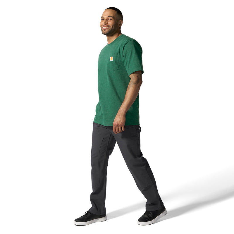 Green loose-fit pocket T-shirt, side view with chest logo patch