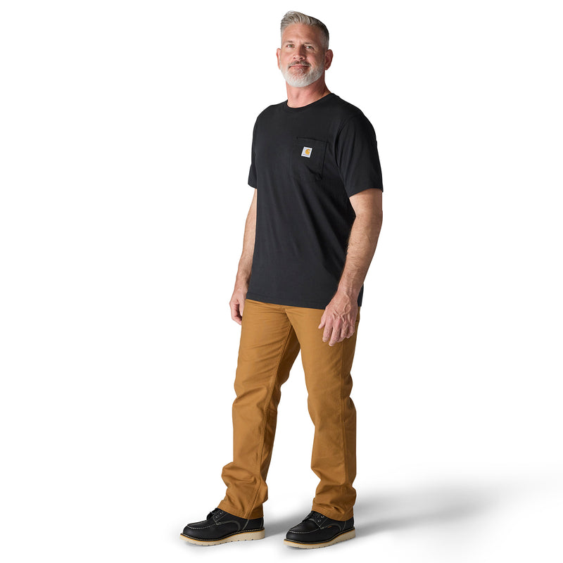 Black men’s pocket tee worn: crew neck and short sleeves with chest pocket
